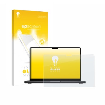 Face avant d’un emballage produit avec le logo de la marque upscreen. À côté, l’appareil Apple MacBook Pro 14