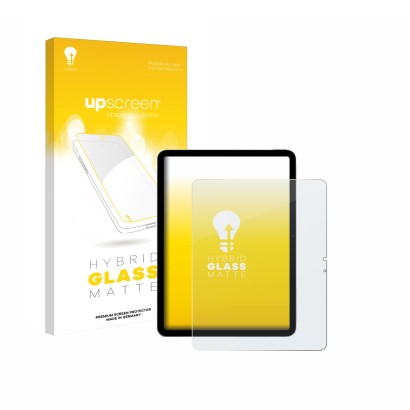 Face avant d’un emballage produit avec le logo de la marque upscreen. À côté, l’appareil Apple iPad Air 13" M4 2026 (portrait)