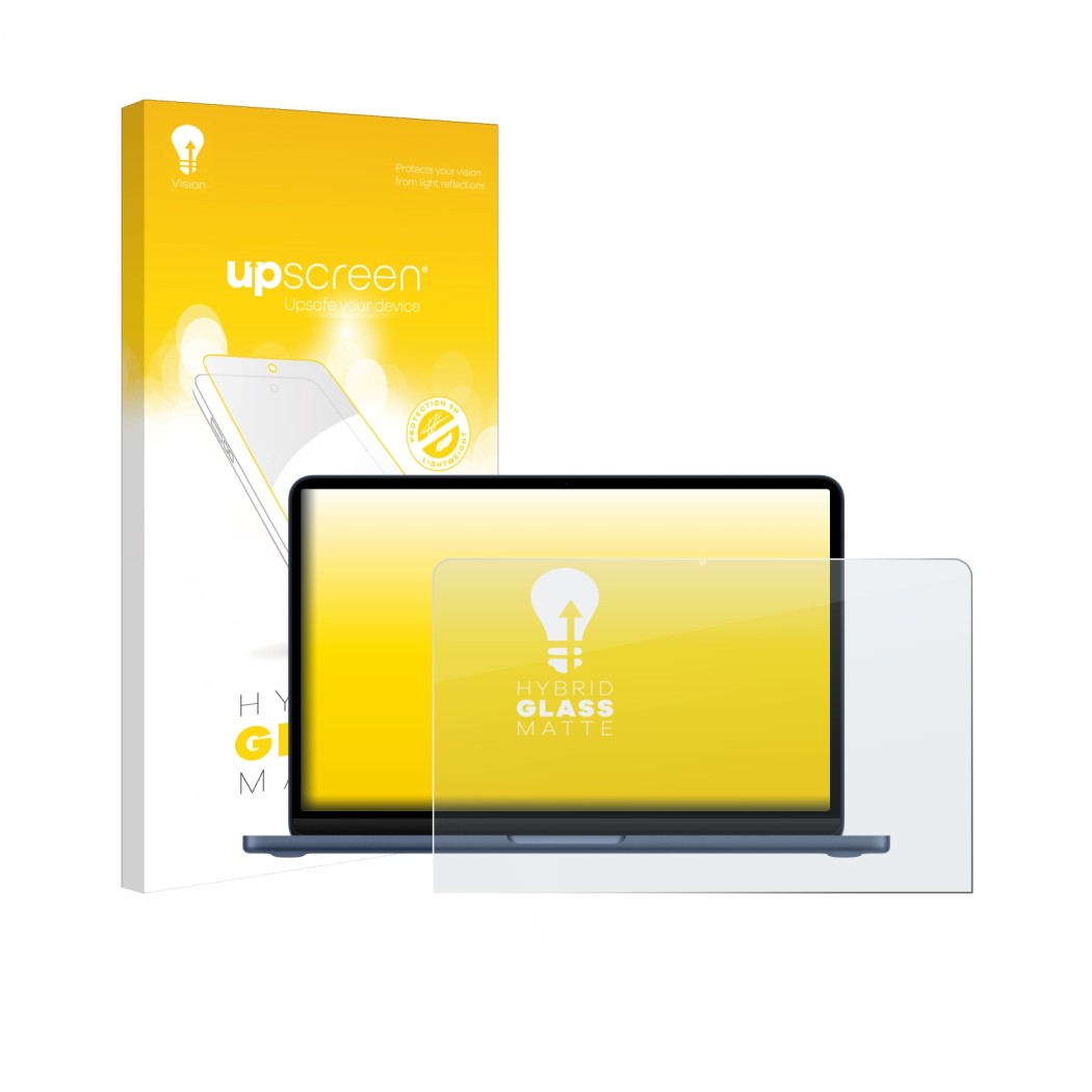 Parte frontal de un envase de producto con el logotipo de la marca upscreen. Al lado se muestra el dispositivo Apple MacBook N