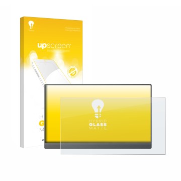 Parte frontal de un envase de producto con el logotipo de la marca upscreen. Al lado se muestra el dispositivo Arzopa Z1C 16.1