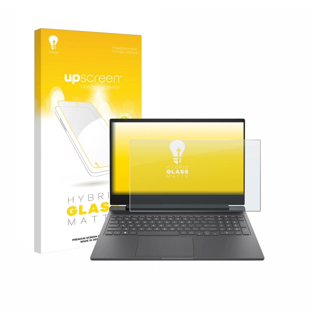 Face avant d’un emballage produit avec le logo de la marque upscreen. À côté, l’appareil HP Victus 16-r0024nf est représenté a