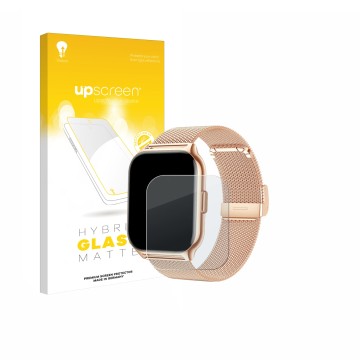 Face avant d’un emballage produit avec le logo de la marque upscreen. À côté, l’appareil APAUK Smartwatch 2.01