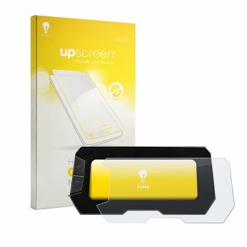 Parte frontal de un envase de producto con el logotipo de la marca upscreen. Al lado se muestra el dispositivo Honda CB125R 20