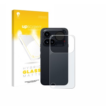 Parte frontal de un envase de producto con el logotipo de la marca upscreen. Al lado se muestra el dispositivo Nothing Phone (