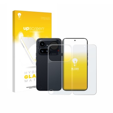 Parte frontal de un envase de producto con el logotipo de la marca upscreen. Al lado se muestra el dispositivo Nothing Phone (