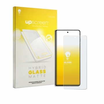 Vorderseite einer Produktverpackung mit dem Markenlogo upscreen. Daneben ist das Gerät Motorola Razr Fold mit dem zugehörigen 