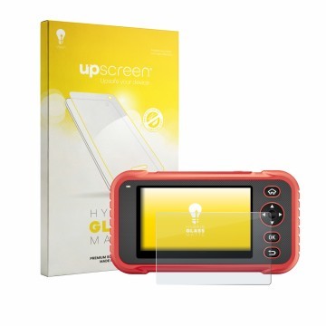 Parte frontal de un envase de producto con el logotipo de la marca upscreen. Al lado se muestra el dispositivo Launch CRP129E 