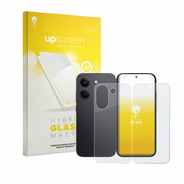 Parte frontal de un envase de producto con el logotipo de la marca upscreen. Al lado se muestra el dispositivo Xiaomi Poco X8 