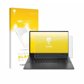 Parte frontal de un envase de producto con el logotipo de la marca upscreen. Al lado se muestra el dispositivo HP Envy x360 Co