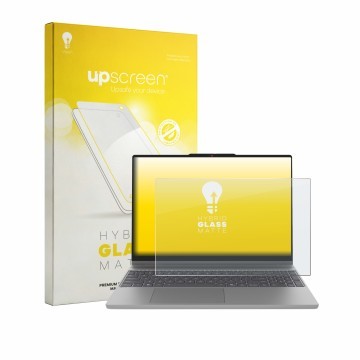 Parte frontal de un envase de producto con el logotipo de la marca upscreen. Al lado se muestra el dispositivo Lenovo IdeaPad 