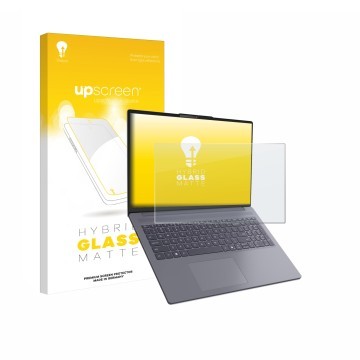 Parte frontal de un envase de producto con el logotipo de la marca upscreen. Al lado se muestra el dispositivo Lenovo IdeaPad 