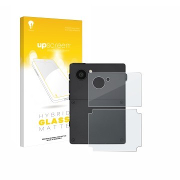 Vorderseite einer Produktverpackung mit dem Markenlogo upscreen. Daneben ist das Gerät Light Phone 3 (Rückseite) mit dem zugeh