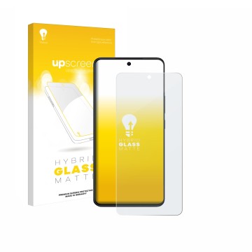 Parte frontal de un envase de producto con el logotipo de la marca upscreen. Al lado se muestra el dispositivo Vivo V60 Lite 5