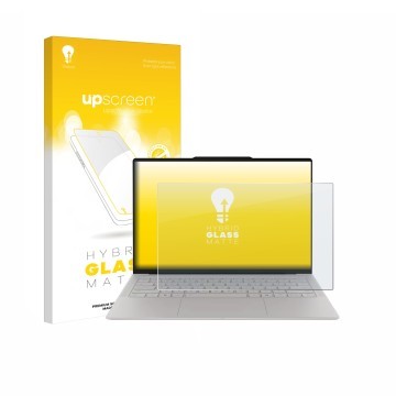 Parte frontal de un envase de producto con el logotipo de la marca upscreen. Al lado se muestra el dispositivo Lenovo Yoga Sli