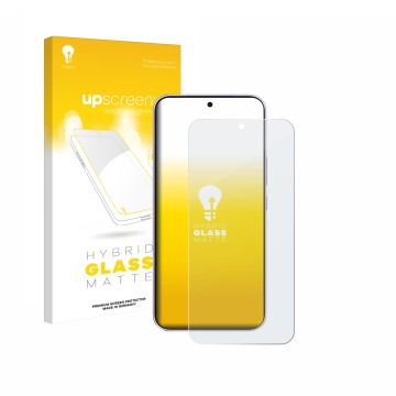 Parte frontal de un envase de producto con el logotipo de la marca upscreen. Al lado se muestra el dispositivo Vivo V70 FE con