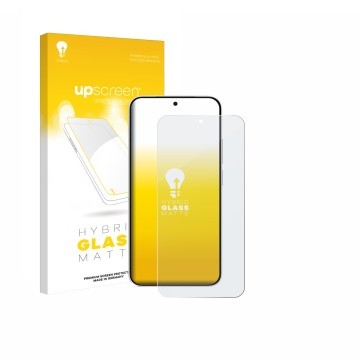 Parte frontal de un envase de producto con el logotipo de la marca upscreen. Al lado se muestra el dispositivo Vivo X300 FE co