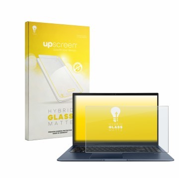 Vorderseite einer Produktverpackung mit dem Markenlogo upscreen. Daneben ist das Gerät ASUS Vivobook 15 M1502YA mit dem zugehö