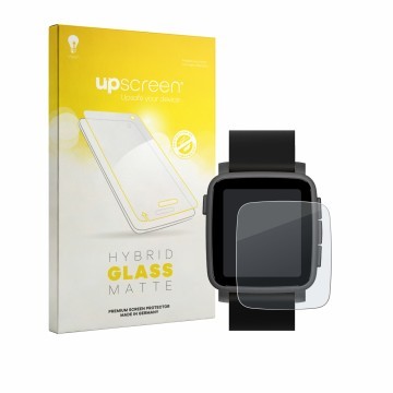 Parte frontale di una confezione del prodotto con il logo del marchio upscreen. Accanto è raffigurato il dispositivo Pebble Ti