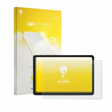 Parte frontal de un envase de producto con el logotipo de la marca upscreen. Al lado se muestra el dispositivo Lenovo ThinkTab