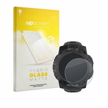 Face avant d’un emballage produit avec le logo de la marque upscreen. À côté, l’appareil Garmin Instinct 3 Tactical Edition (5