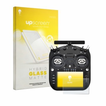 Parte frontal de un envase de producto con el logotipo de la marca upscreen. Al lado se muestra el dispositivo Radiomaster TX1