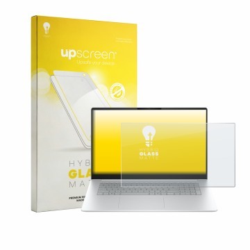 Vorderseite einer Produktverpackung mit dem Markenlogo upscreen. Daneben ist das Gerät HP OmniBook 3 17 17-dp0233ngx mit dem z