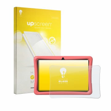 Parte frontal de un envase de producto con el logotipo de la marca upscreen. Al lado se muestra el dispositivo Tabwee K10 con 