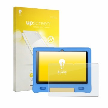 Face avant d’un emballage produit avec le logo de la marque upscreen. À côté, l’appareil Bufo Kids Tablet 10.1