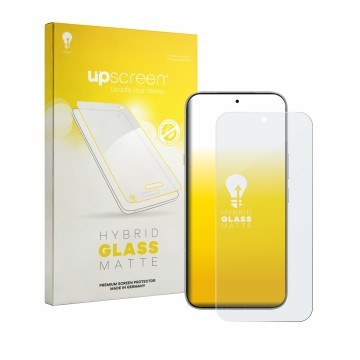 Parte frontal de un envase de producto con el logotipo de la marca upscreen. Al lado se muestra el dispositivo Infinix Note 60