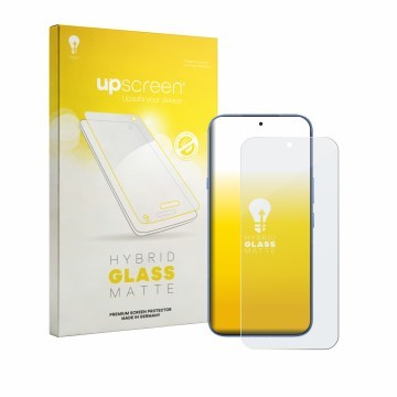 Parte frontal de un envase de producto con el logotipo de la marca upscreen. Al lado se muestra el dispositivo Infinix Note 60