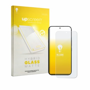 Parte frontal de un envase de producto con el logotipo de la marca upscreen. Al lado se muestra el dispositivo Infinix Note 60