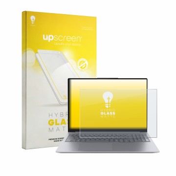 Parte frontal de un envase de producto con el logotipo de la marca upscreen. Al lado se muestra el dispositivo Lenovo ThinkBoo