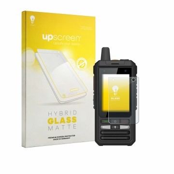 Parte frontal de un envase de producto con el logotipo de la marca upscreen. Al lado se muestra el dispositivo Uniwa F80S con 