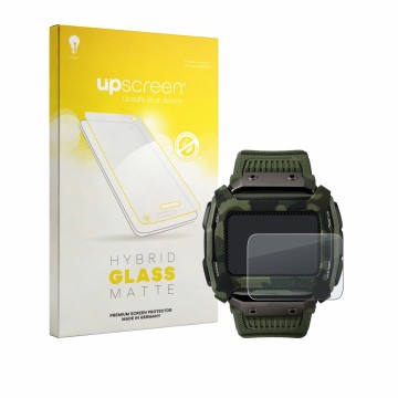 Parte frontal de un envase de producto con el logotipo de la marca upscreen. Al lado se muestra el dispositivo Timex Command S