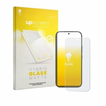 Parte frontal de un envase de producto con el logotipo de la marca upscreen. Al lado se muestra el dispositivo Honor 600 Pro c