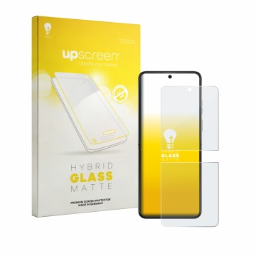 Parte frontale di una confezione del prodotto con il logo del marchio upscreen. Accanto è raffigurato il dispositivo Motorola 