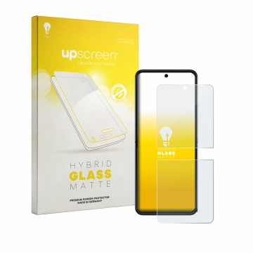 Vorderseite einer Produktverpackung mit dem Markenlogo upscreen. Daneben ist das Gerät Motorola Razr 70 Plus mit dem zugehörig