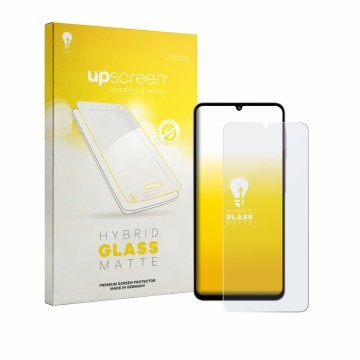 Vorderseite einer Produktverpackung mit dem Markenlogo upscreen. Daneben ist das Gerät Samsung Galaxy M17e mit dem zugehörigen