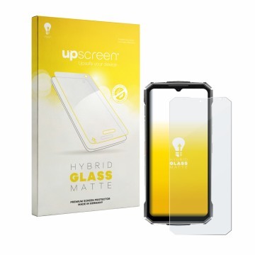 Parte frontale di una confezione del prodotto con il logo del marchio upscreen. Accanto è raffigurato il dispositivo Doogee Fi