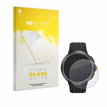 Parte frontal de un envase de producto con el logotipo de la marca upscreen. Al lado se muestra el dispositivo Cubot BeatBox c