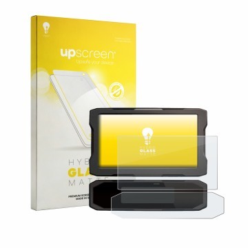 Parte frontal de un envase de producto con el logotipo de la marca upscreen. Al lado se muestra el dispositivo Honda NT 1100 2