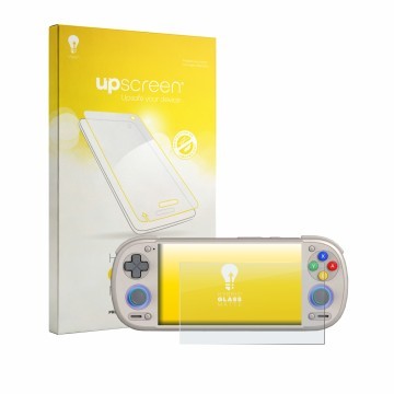 Face avant d’un emballage produit avec le logo de la marque upscreen. À côté, l’appareil Retroid Pocket 6 est représenté avec 