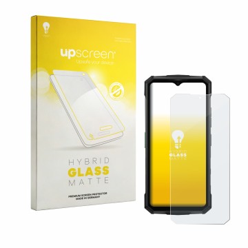 Parte frontal de un envase de producto con el logotipo de la marca upscreen. Al lado se muestra el dispositivo Doogee Fire 7 P