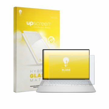 Vorderseite einer Produktverpackung mit dem Markenlogo upscreen. Daneben ist das Gerät Dell XPS 14 DA14250 mit dem zugehörigen