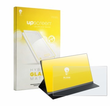 Vorderseite einer Produktverpackung mit dem Markenlogo upscreen. Daneben ist das Gerät Laptomo 15.6