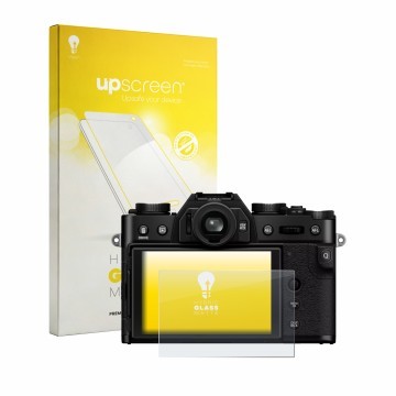 Parte frontale di una confezione del prodotto con il logo del marchio upscreen. Accanto è raffigurato il dispositivo Fujifilm 