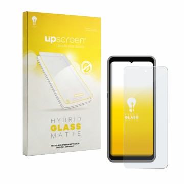 Parte frontal de un envase de producto con el logotipo de la marca upscreen. Al lado se muestra el dispositivo ingenico Axium 