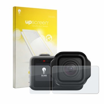Face avant d’un emballage produit avec le logo de la marque upscreen. À côté, l’appareil GoPro Mission 1 est représenté avec l