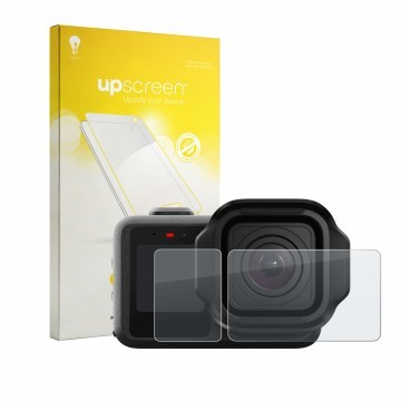 Face avant d’un emballage produit avec le logo de la marque upscreen. À côté, l’appareil GoPro Mission 1 Pro est représenté av
