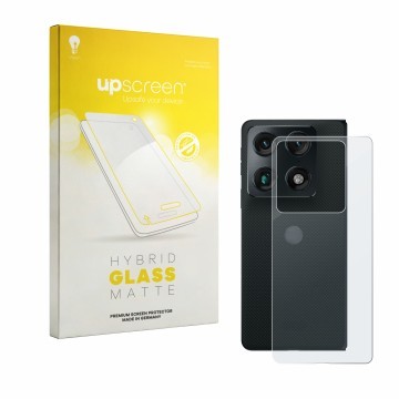 Vorderseite einer Produktverpackung mit dem Markenlogo upscreen. Daneben ist das Gerät Motorola Razr Fold (Rückseite) mit dem 